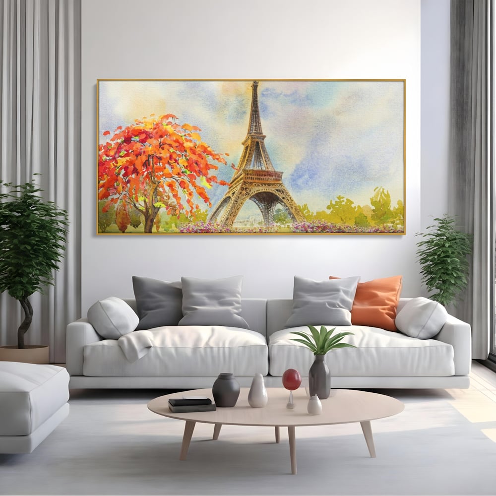 Tablou canvas cu pictura cu turnul eiffel si indragostiti, in rama de aluminiu auriu, pe perete intr-un living